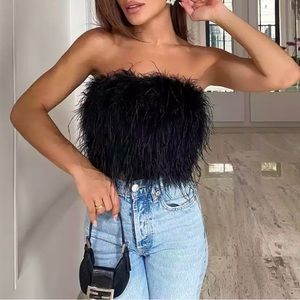 Black Feather Cropped Tube Top